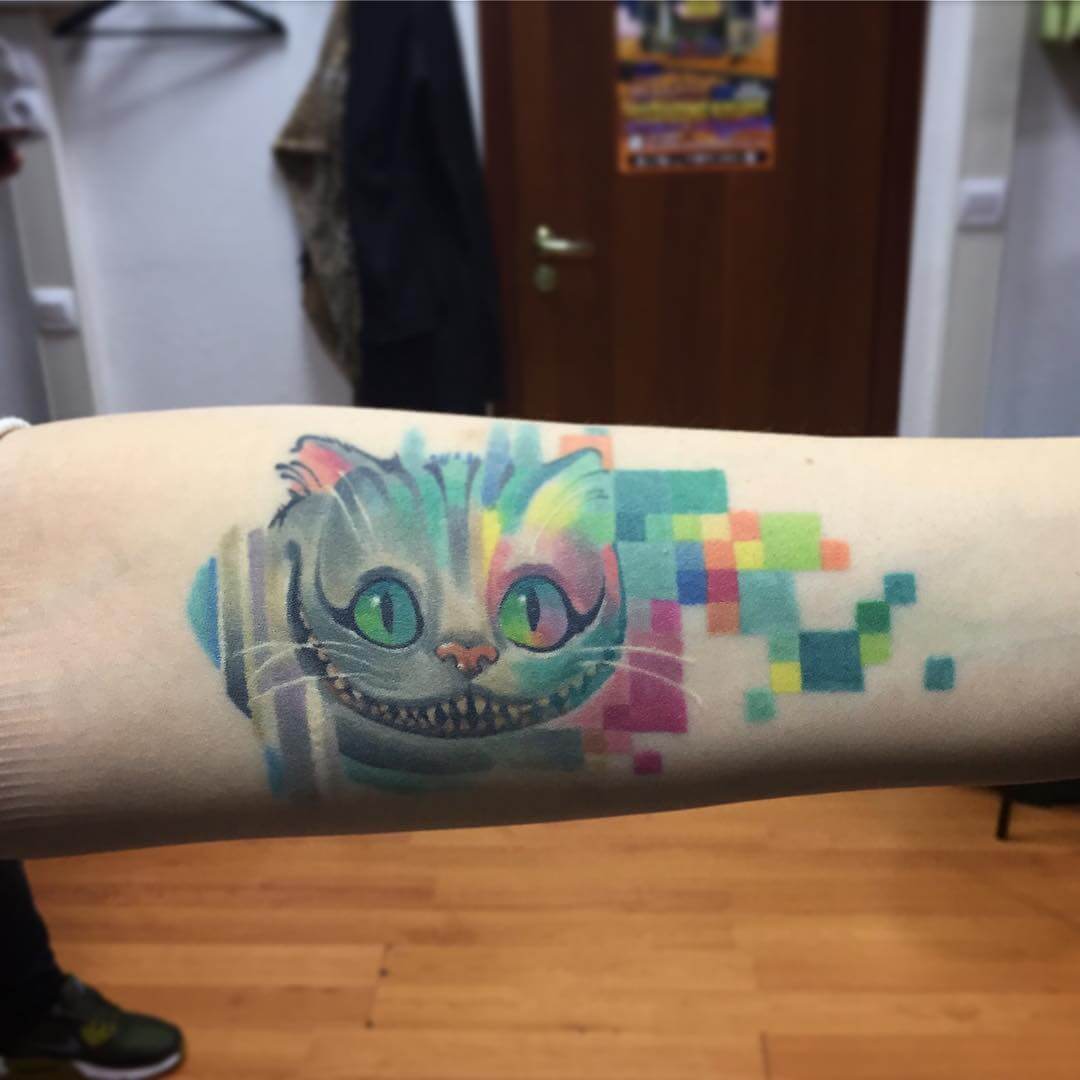 Alice in wonderland color cat tattoo